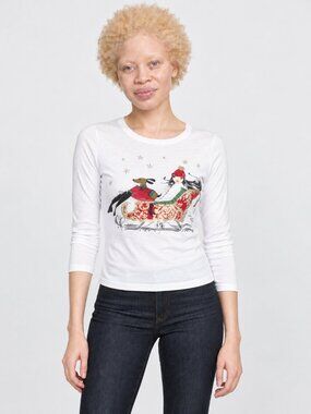 Women’s Place White Graphic Top Size XL – Holiday Sleigh Design